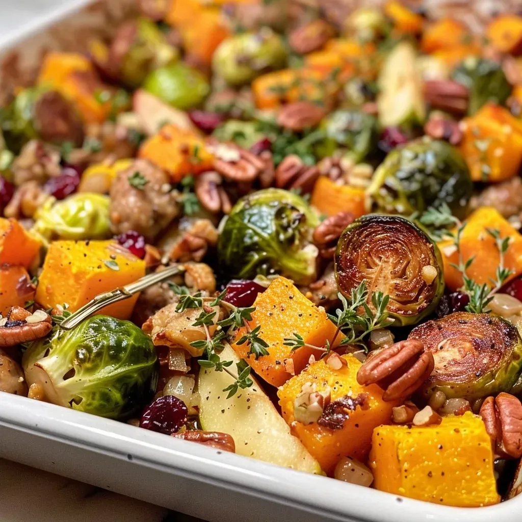 ['A close-up view of a colorful Harvest Casserole featuring chicken sausage and various vegetables.', 'Side view of a baked Harvest Casserole, showcasing chunks of butternut squash, brussels sprouts, and herbs.', 'Close-up of a deliciously layered Harvest Casserole with chicken sausage and vibrant vegetables on a plate.', 'Detail of a Harvest Casserole with fresh herbs, nuts, and cranberries, highlighting its hearty ingredients.']
