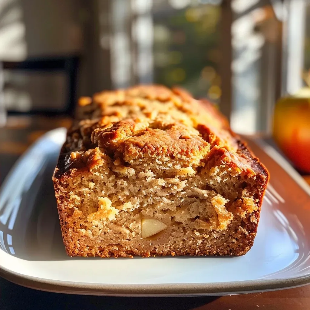 Close-up of a slice of healthy apple bread with whole wheat and honey, showcasing the texture and apple pieces.