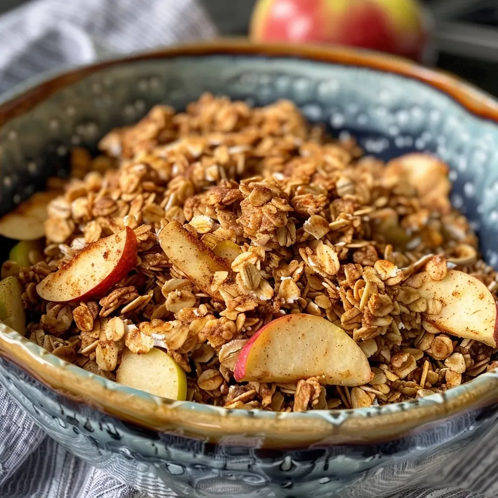 ['A close-up side view of Healthy Apple Cinnamon Granola with visible apple chips and a golden hue.', 'A detailed view of granola featuring oats, apple chips, and a sprinkle of cinnamon.', 'Healthy granola clustered with baked apple chips and oats, showcasing its texture and color.', 'A vibrant mix of granola ingredients, including apple pieces and cinnamon, presented in a side angle.']
