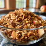['Close-up view of a bowl filled with Healthy Apple Pie Granola featuring apple cubes and chopped walnuts.', 'Side angle of granola with visible chunks of red apple and a sprinkle of cinnamon on top.', 'Detailed shot of healthy granola showcasing rolled oats and nuts with a warm, baked appearance.', 'Textured close-up of granola mix containing apple pieces, walnuts, and a glossy finish from coconut oil.']
