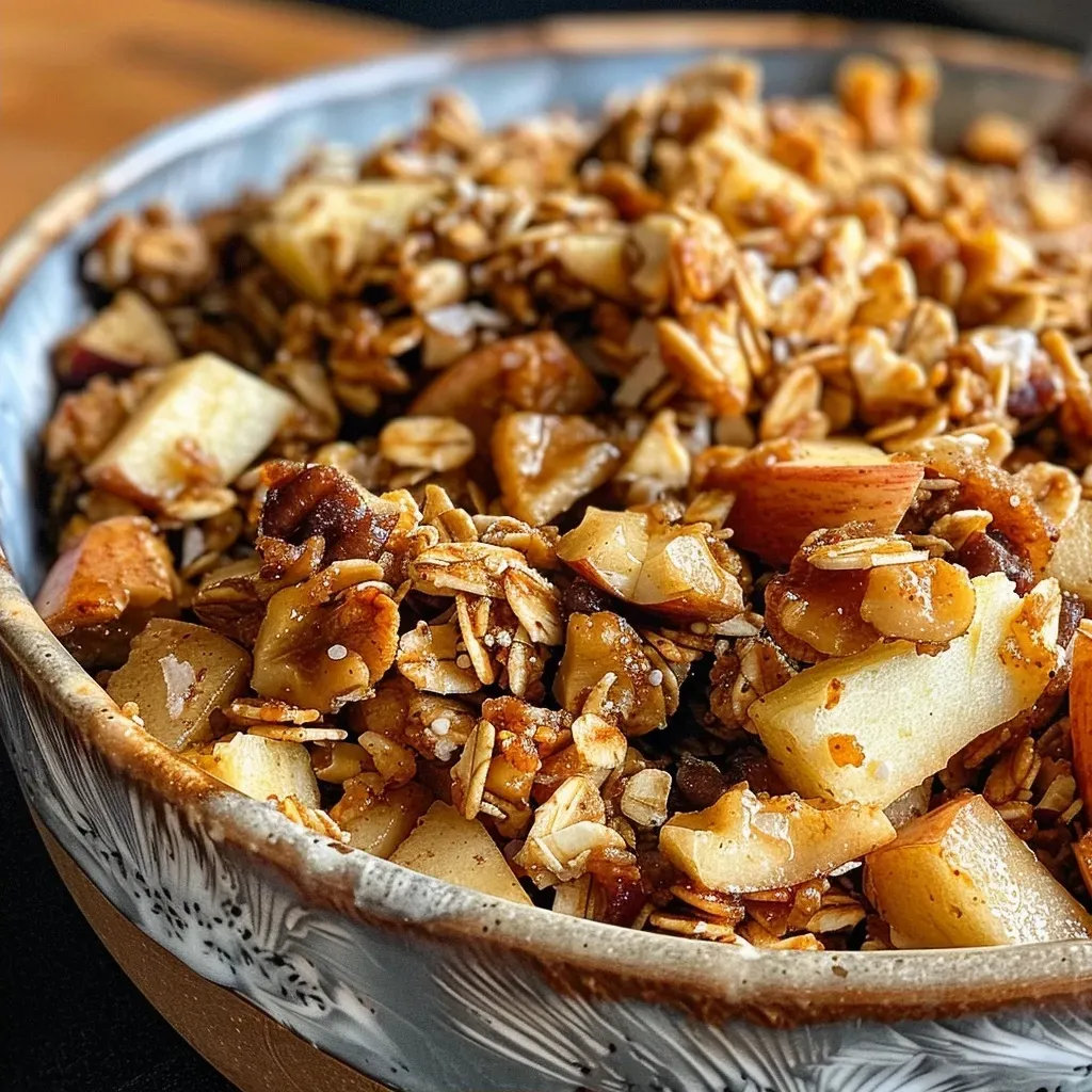 Close-up view of a bowl filled with Healthy Apple Pie Granola featuring apple cubes and chopped walnuts.