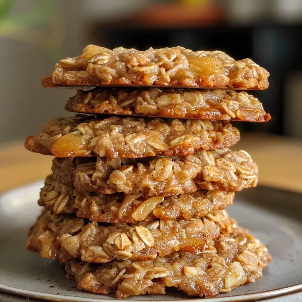 ['Close-up view of Healthy Apple Pie Oatmeal Cookies featuring a golden-brown surface and visible oat and apple pieces.', 'Side angle of freshly baked Healthy Apple Pie Oatmeal Cookies showing a soft texture and apple chunks.', 'Delicious Healthy Apple Pie Oatmeal Cookies captured with a focus on their chewy texture and cinnamon dusting.', 'Close-up shot of Healthy Apple Pie Oatmeal Cookies highlighting their moist interior and apple pieces.']