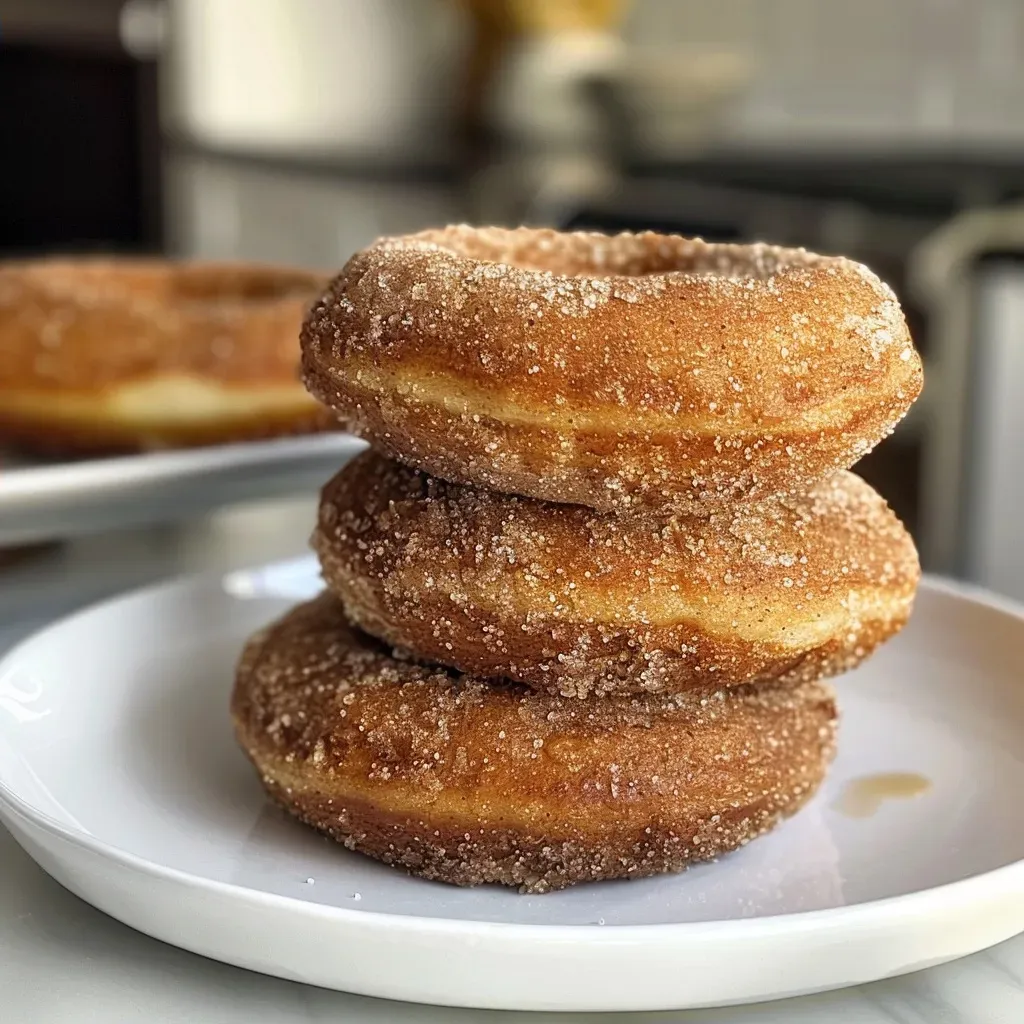 ['Close-up of a healthy baked apple cider donut with a golden-brown exterior.', 'Side view of a soft, moist baked apple cider donut sprinkled with cinnamon.', 'Juicy, delicious apple cider donut on a white plate, showcasing its texture.', 'Appetizing healthy baked donut with a glossy finish, highlighting cinnamon topping.']