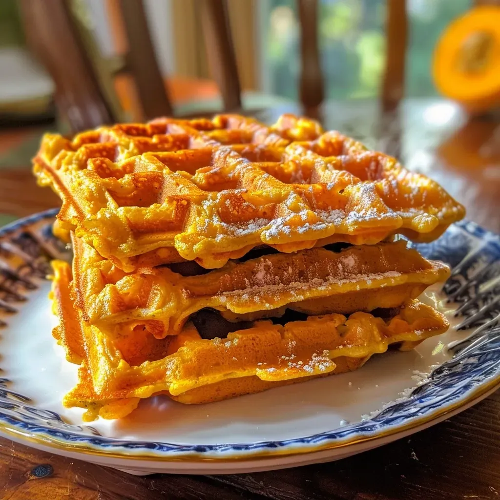 Close-up of golden-brown butternut squash waffles stacked on a plate.