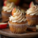 ['Close-up view of a healthy cinnamon apple cupcake topped with Greek yogurt frosting.', 'Side angle of a moist cinnamon apple cupcake with a swirl of frosting.', 'Healthy cupcake featuring diced apples and a dusting of cinnamon on top.', 'Juicy cinnamon apple cupcakes displayed elegantly with creamy frosting.']