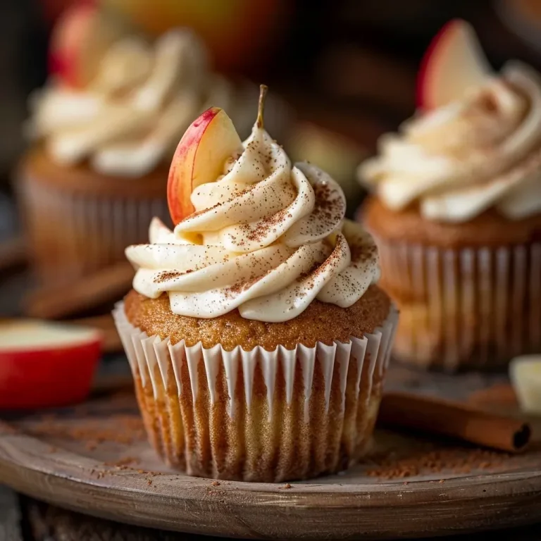 ['Close-up view of a healthy cinnamon apple cupcake topped with Greek yogurt frosting.', 'Side angle of a moist cinnamon apple cupcake with a swirl of frosting.', 'Healthy cupcake featuring diced apples and a dusting of cinnamon on top.', 'Juicy cinnamon apple cupcakes displayed elegantly with creamy frosting.']