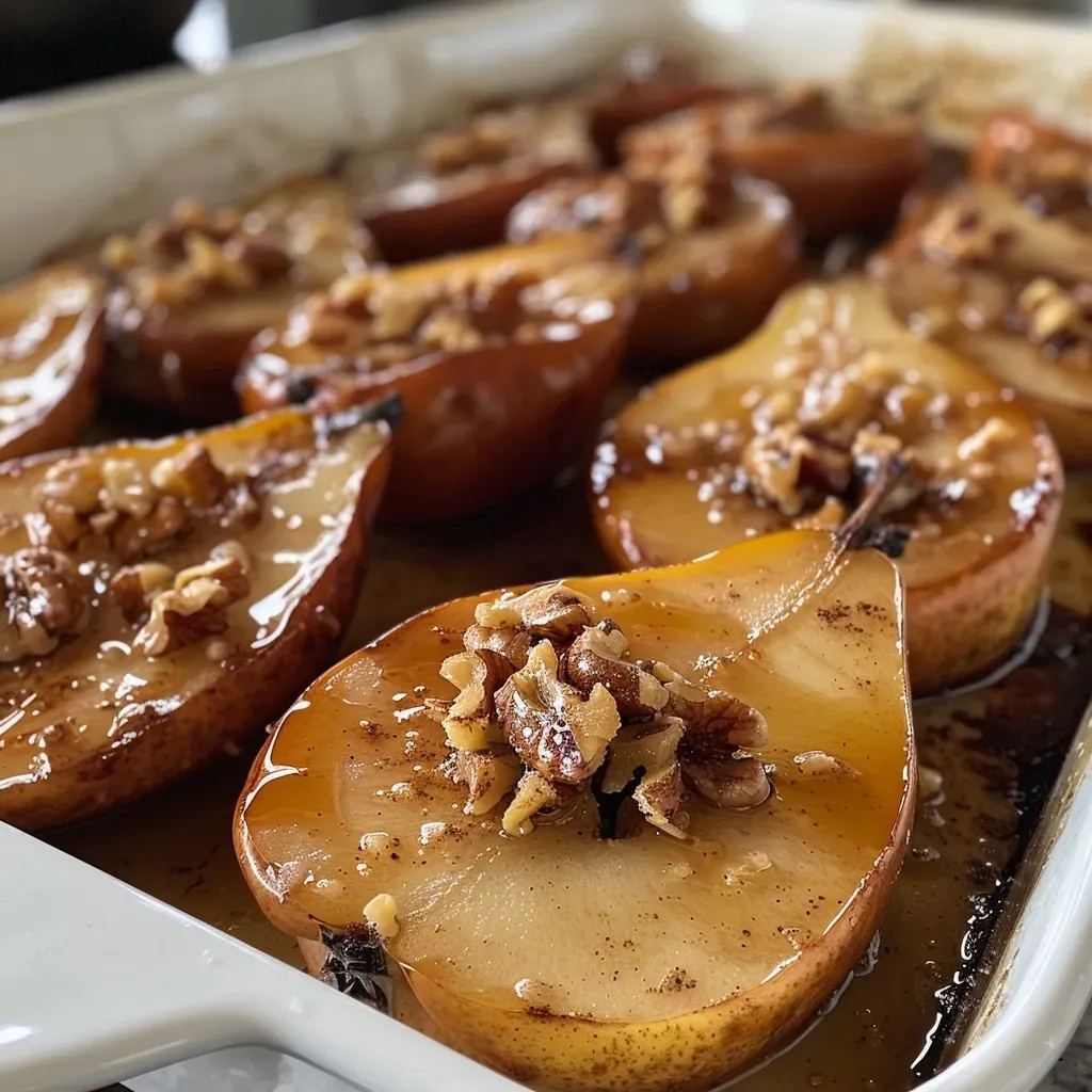 Close-up view of healthy baked pears sprinkled with cinnamon and crushed nuts.