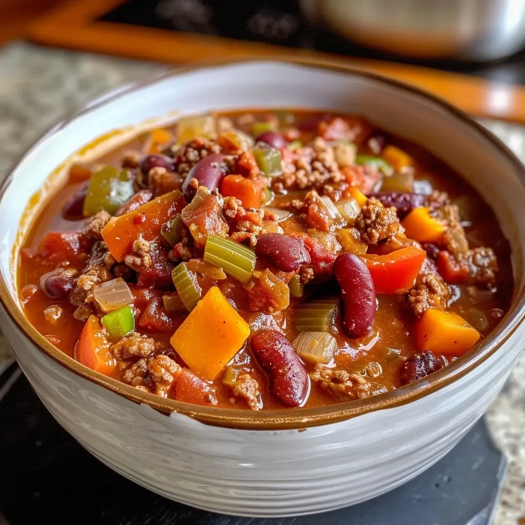 ['Close-up of a bowl of Healthy Harvest Chili with colorful vegetables and ground beef.', 'Side view of a steaming bowl of chili featuring diced bell peppers and sweet potato.', 'Rich, hearty chili in a bowl, showcasing vibrant ingredients like carrots and celery.', 'Delicious Healthy Harvest Chili with visible spices and a warm color palette.']