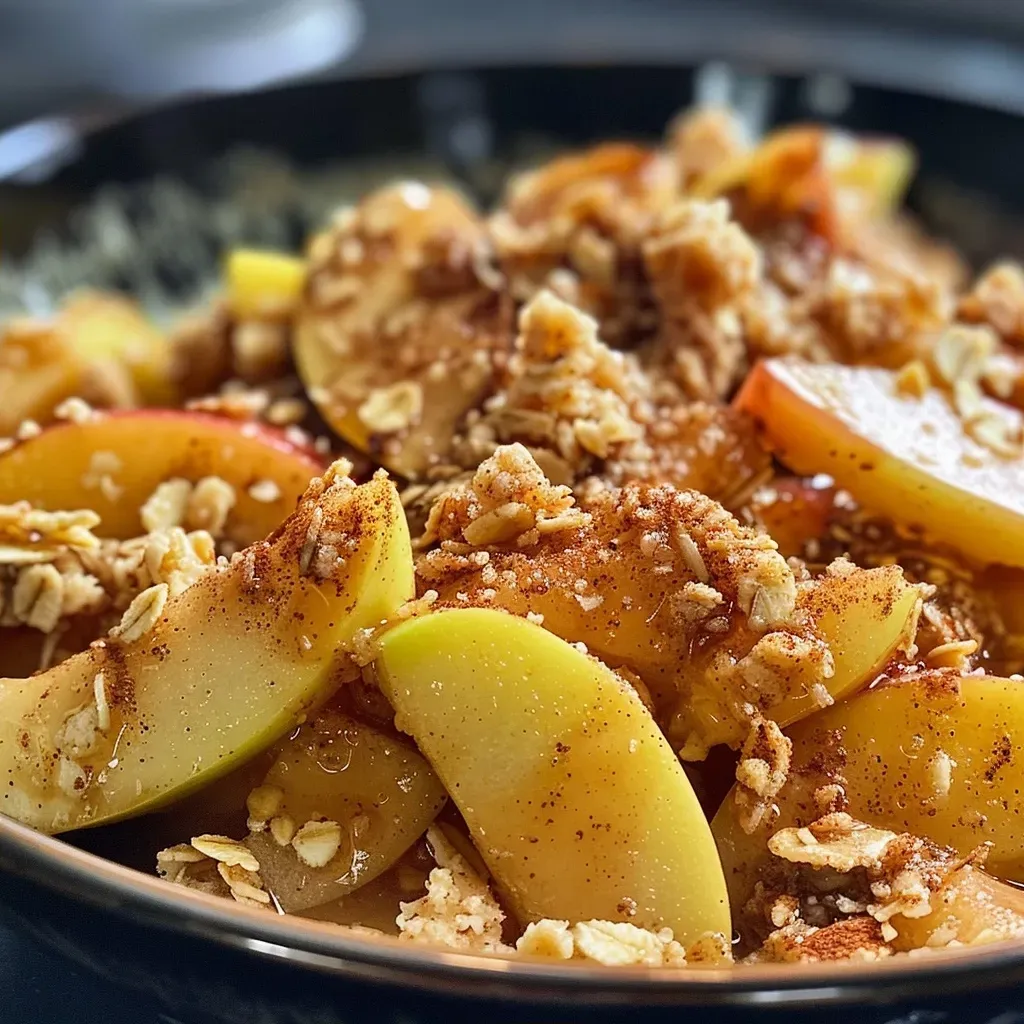 ['Close-up view of a healthy high protein apple crisp topped with oats and nuts.', 'Side view of a delicious apple crisp with visible apple chunks and a golden crumble topping.', 'Juicy apple crisp garnished with cinnamon and nut toppings, presented on a plate.', 'A bowl filled with healthy apple crisp featuring chopped apples and a crunchy oat topping.']