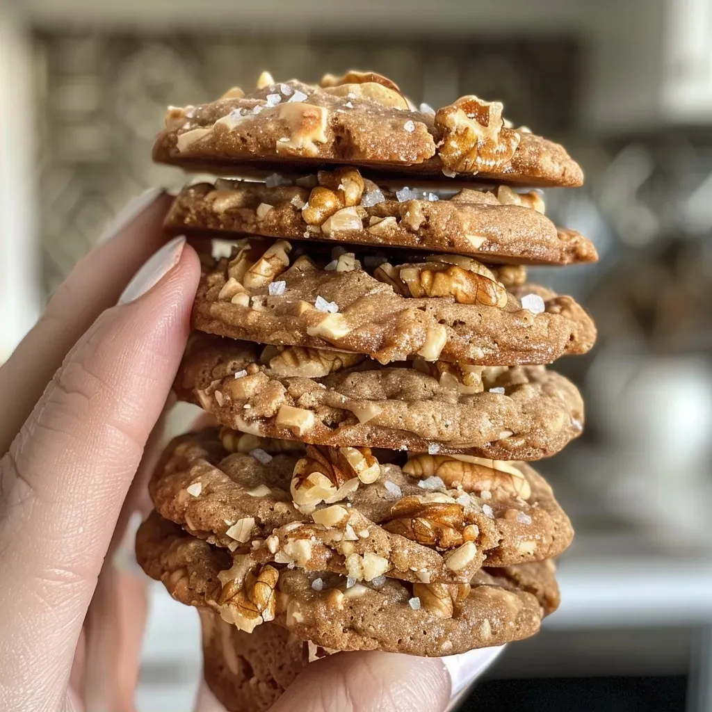 Close-up of a plate of Healthy Maple Walnut Cookies with a golden-brown hue.