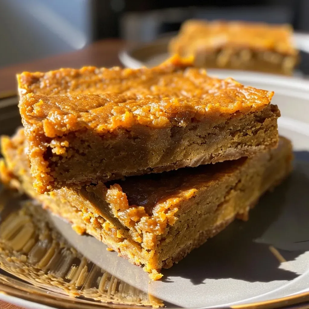 A close-up side view of healthy pumpkin bars on a plate, showcasing their moist texture.
