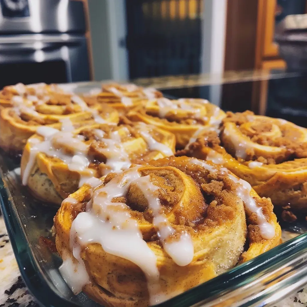 ['Close-up view of healthy pumpkin cinnamon rolls drizzled with icing.', 'Side view of freshly baked pumpkin cinnamon rolls showcasing their fluffy texture.', 'Warm, golden pumpkin cinnamon rolls topped with a light glaze, set on a rustic plate.', 'Deliciously spiced pumpkin cinnamon rolls arranged artfully, revealing soft layers.']