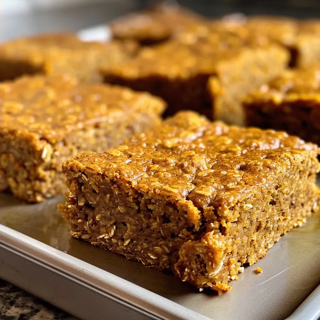 ['Close-up view of healthy pumpkin oatmeal bars, showing a moist texture and chocolate chips.', 'Side view of pumpkin oatmeal bars with a golden-brown crust and chocolate chips scattered on top.', 'Tasty pumpkin oatmeal bars captured from the side, highlighting the oats and rich color of pumpkin.', 'Detailed shot of delicious pumpkin oatmeal bars, emphasizing their chewy consistency and homemade appeal.']