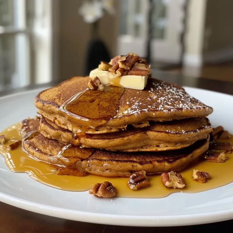 ['Close-up of fluffy, golden-brown pumpkin pancakes stacked high, garnished with chopped pecans and a drizzle of maple syrup.', 'A side view of healthy pumpkin pancakes topped with vanilla yogurt and pecans, served on a white plate with syrup.', 'Juicy pumpkin pancakes displayed with a dollop of Greek yogurt and sprinkled with pecans, captured in natural light.', 'Stack of pumpkin pancakes with a glossy maple syrup glaze and a side of Greek yogurt, showcasing their moist texture.']