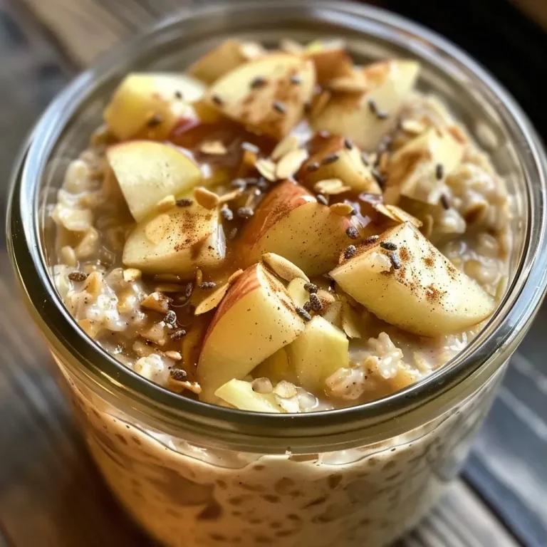 ['Close-up side view of a bowl of high protein apple cinnamon overnight oats topped with apple slices.', 'A side perspective of creamy overnight oats featuring chopped apples, cinnamon, and a sprinkle of chia seeds.', 'Detailed shot of high protein apple cinnamon overnight oats showcasing the oats, apples, and toppings.', 'A delicious serving of overnight oats in a bowl, highlighting the apple and cinnamon ingredients.']