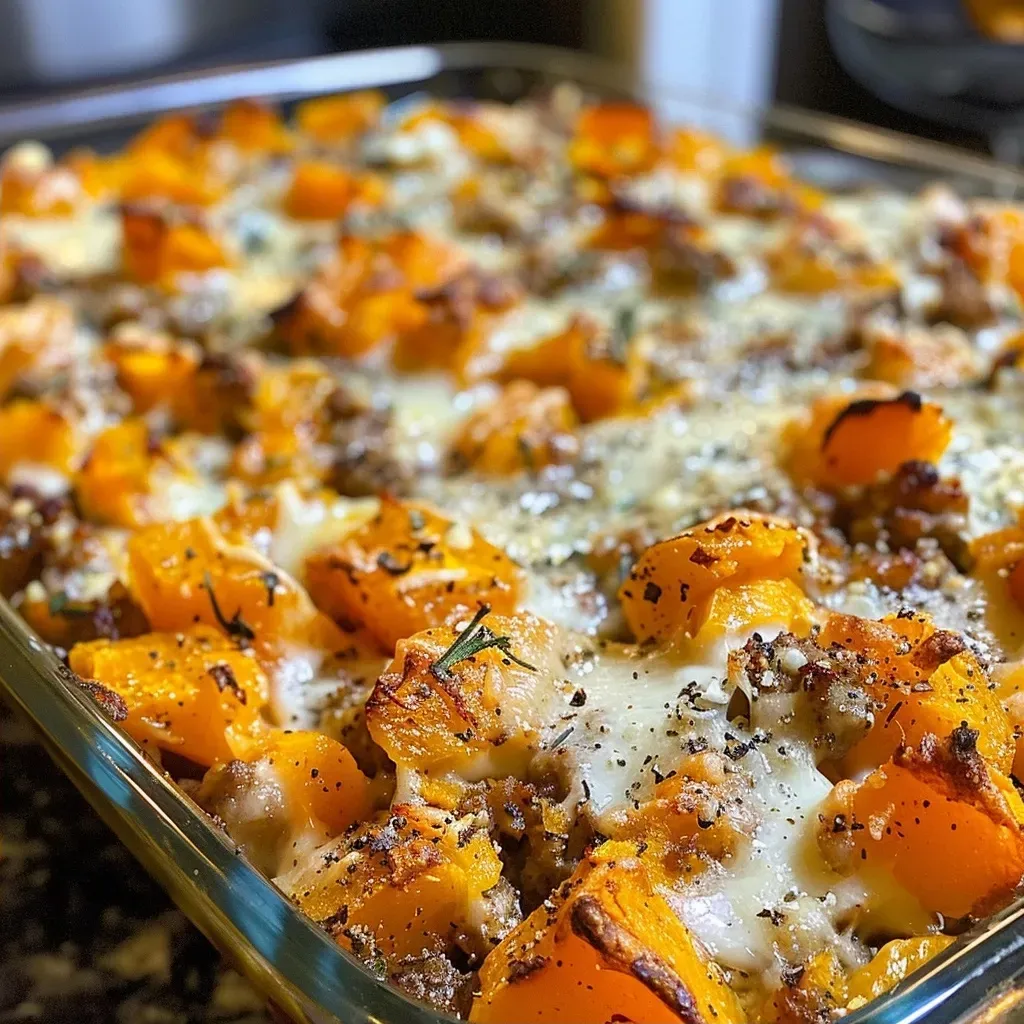 ['Close-up view of a golden-brown butternut squash bake with a crispy top.', 'Side angle of a creamy butternut squash bake showing layers of ground turkey and cheese.', 'Juicy butternut squash bake topped with melting parmesan cheese, presented in a baking dish.', 'A nutritious high-protein butternut squash bake with visible chunks of squash and herbs.']