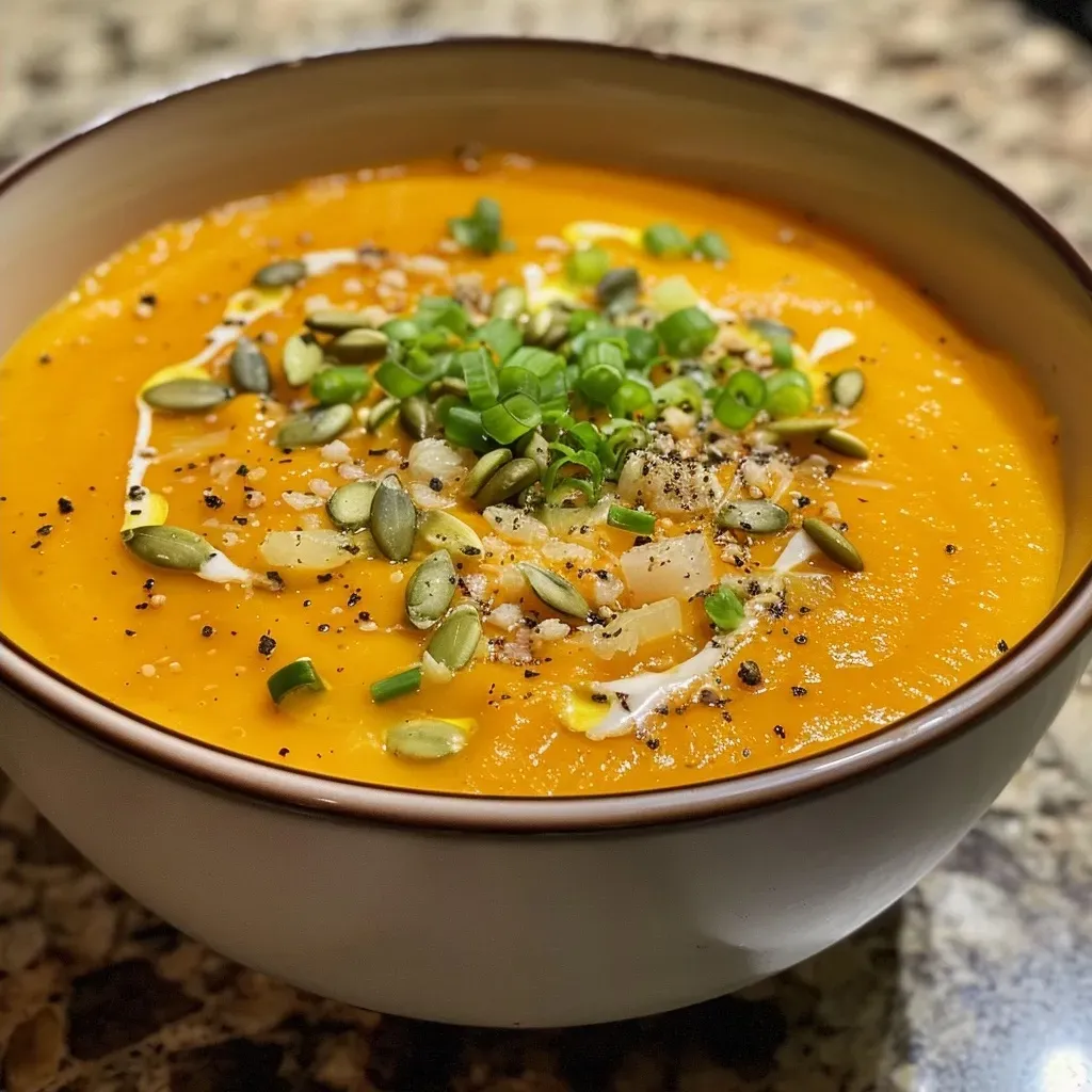 ['A close-up view of a bowl of vibrant butternut squash soup garnished with green onions and pumpkin seeds.', 'High protein butternut squash soup in a rustic bowl, featuring a smooth texture and colorful toppings.', 'Side view of creamy butternut squash soup with a sprinkle of Parmesan cheese and a slice of bread on the side.', 'A delicious serving of butternut squash soup, with visible chunks of ingredients and garnishes on top.']