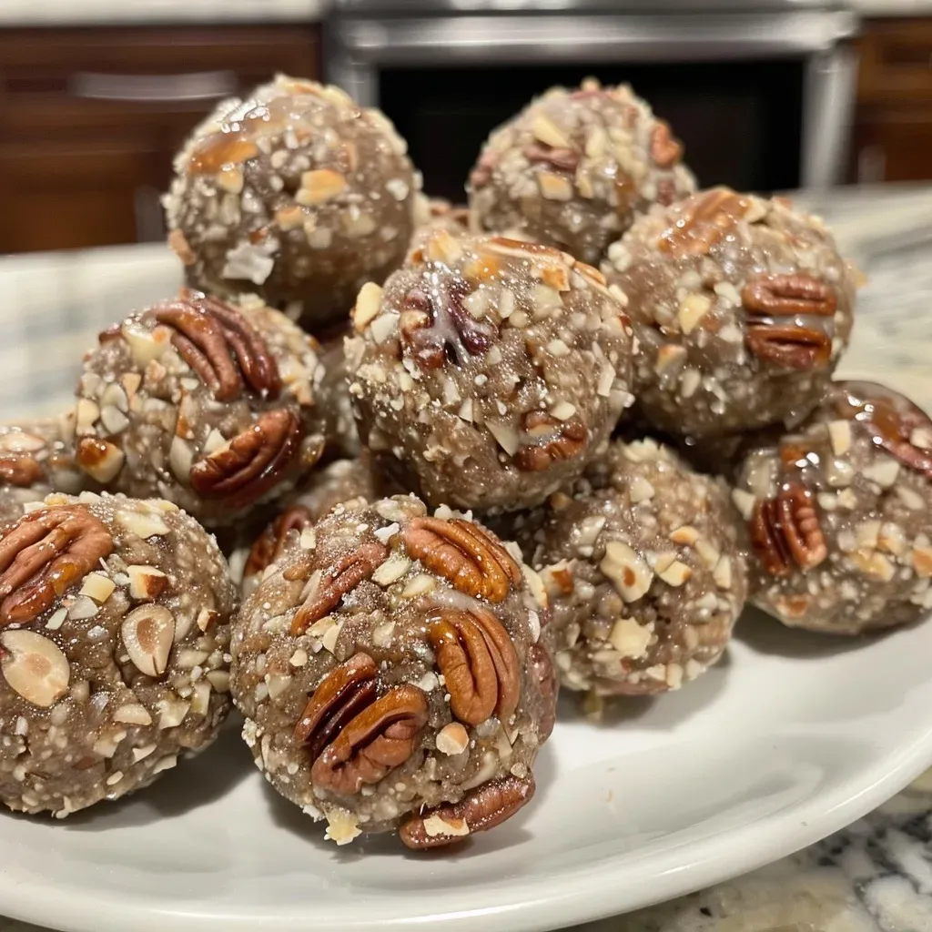 ['Close-up view of High-Protein Pecan Pie Balls on a wooden surface.', 'Side view of delicious pecan pie balls with a glossy finish on a plate.', 'Juicy pecan pie protein balls garnished with chopped pecans and chocolate.', 'High-protein snack balls made from pecans and protein powder, displayed attractively.']