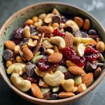 ['Close-up of a colorful high protein trail mix featuring nuts, seeds, and chocolate chips.', 'Side view of a bowl filled with high protein trail mix showcasing dried cranberries and roasted edamame.', 'Detailed image of a vibrant trail mix containing almonds, cashews, peanuts, sunflower seeds, and chocolate.', 'Tasty assortment of high protein trail mix ingredients, highlighting dried fruit and various nuts.']