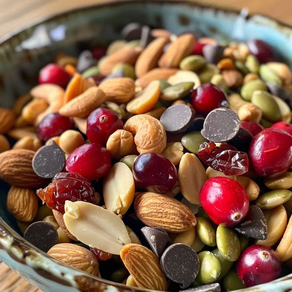 ['Close-up of a colorful high protein trail mix featuring nuts, seeds, and chocolate chips.', 'Side view of a bowl filled with high protein trail mix showcasing dried cranberries and roasted edamame.', 'Detailed image of a vibrant trail mix containing almonds, cashews, peanuts, sunflower seeds, and chocolate.', 'Tasty assortment of high protein trail mix ingredients, highlighting dried fruit and various nuts.']