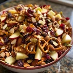 ['Close-up image of a colorful trail mix featuring homemade apple chips, pretzels, and various nuts.', 'Side view of a bowl filled with homemade apple chip trail mix, highlighting the vibrant ingredients.', 'Detailed photo showing a mix of apple chips, pretzels, almonds, and cranberries in a bowl.', 'Fresh, homemade apple chip trail mix displayed with crunchy pretzels and candy-coated chocolates.']