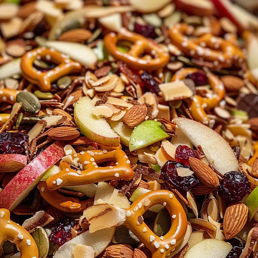 ['Close-up image of a colorful trail mix featuring homemade apple chips, pretzels, and various nuts.', 'Side view of a bowl filled with homemade apple chip trail mix, highlighting the vibrant ingredients.', 'Detailed photo showing a mix of apple chips, pretzels, almonds, and cranberries in a bowl.', 'Fresh, homemade apple chip trail mix displayed with crunchy pretzels and candy-coated chocolates.']