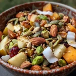 ['Close-up of a vibrant homemade fruit and nut trail mix showcasing sliced apples, nuts, and seeds.', 'Image of a colorful trail mix with pumpkin seeds, pistachios, and coconut mixed with sliced apples.', 'Tasty homemade fruit and nut trail mix displayed in a bowl, featuring various nuts and dried fruits.', 'Detailed view of trail mix ingredients including apple slices, brazil nuts, and sesame seeds.']