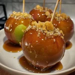 ['Close-up of a shiny, red toffee apple on a stick with a blurred background.', 'Side view of a homemade toffee apple coated in glossy red caramel.', 'Juicy, bright red candy apple with a smooth toffee coating against a neutral backdrop.', 'A vibrant toffee apple on a stick placed on a rustic wooden table.']
