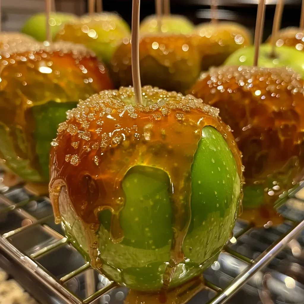 ['Close-up of a shiny, red toffee apple on a stick with a blurred background.', 'Side view of a homemade toffee apple coated in glossy red caramel.', 'Juicy, bright red candy apple with a smooth toffee coating against a neutral backdrop.', 'A vibrant toffee apple on a stick placed on a rustic wooden table.']