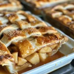 ['Close-up view of a golden-brown homemade vegan apple pie with a flaky crust and apple filling.', 'Side view of a freshly baked vegan apple pie showing juicy apple pieces inside a crispy puff pastry shell.', 'A delicious homemade vegan apple pie with an inviting golden crust and visible apple chunks peeking out.', 'Detailed image of a vegan apple pie, highlighting its crispy exterior and warm, gooey apple filling.']
