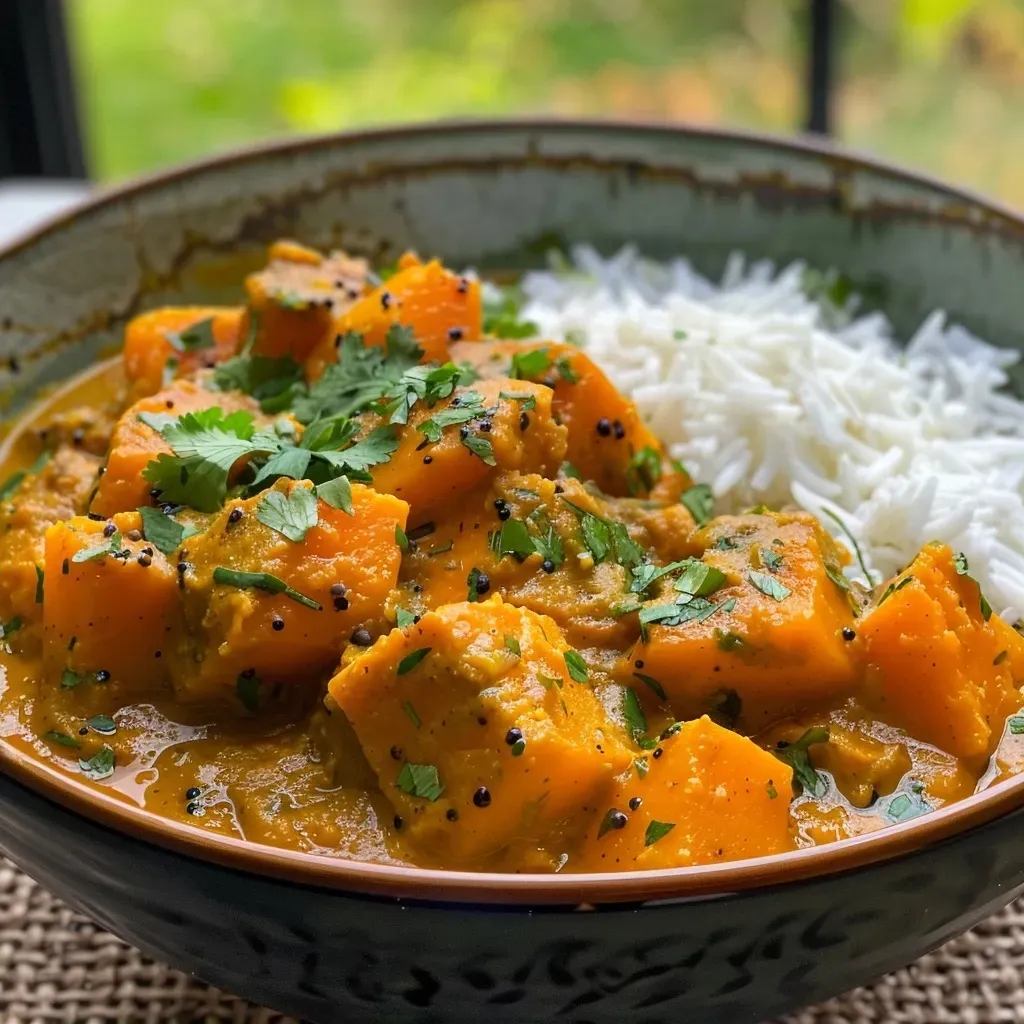 ['A close-up view of a bowl of Indian pumpkin curry with vibrant colors and garnished with fresh cilantro.', 'Side view of a creamy pumpkin curry in a rustic bowl, showcasing its rich texture and spices.', 'An appetizing close-up of Indian pumpkin curry, highlighting its vivid orange color and garnishing.', 'A detailed shot of Indian pumpkin curry with coconut milk, featuring spices and garnished with cilantro.']
