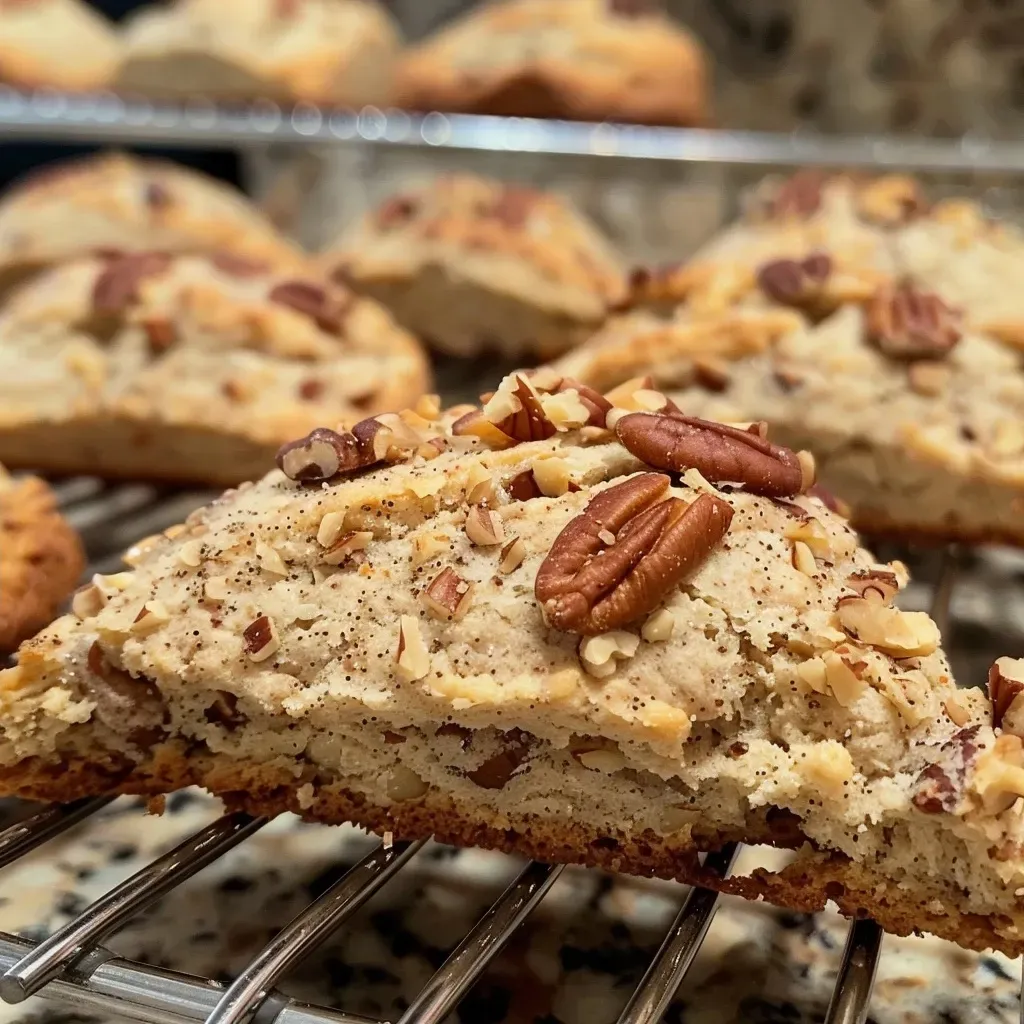 ['Close-up view of golden-brown Keto Maple and Pecan Scones on a rustic wooden table.', 'Side view of flaky scones studded with chopped pecans and a drizzle of maple flavor.', 'Juicy-looking scones made with almond flour, showcasing a rich texture and nutty appeal.', 'Appetizing Keto scones with a glossy finish, featuring visible pecans and a maple glaze.']