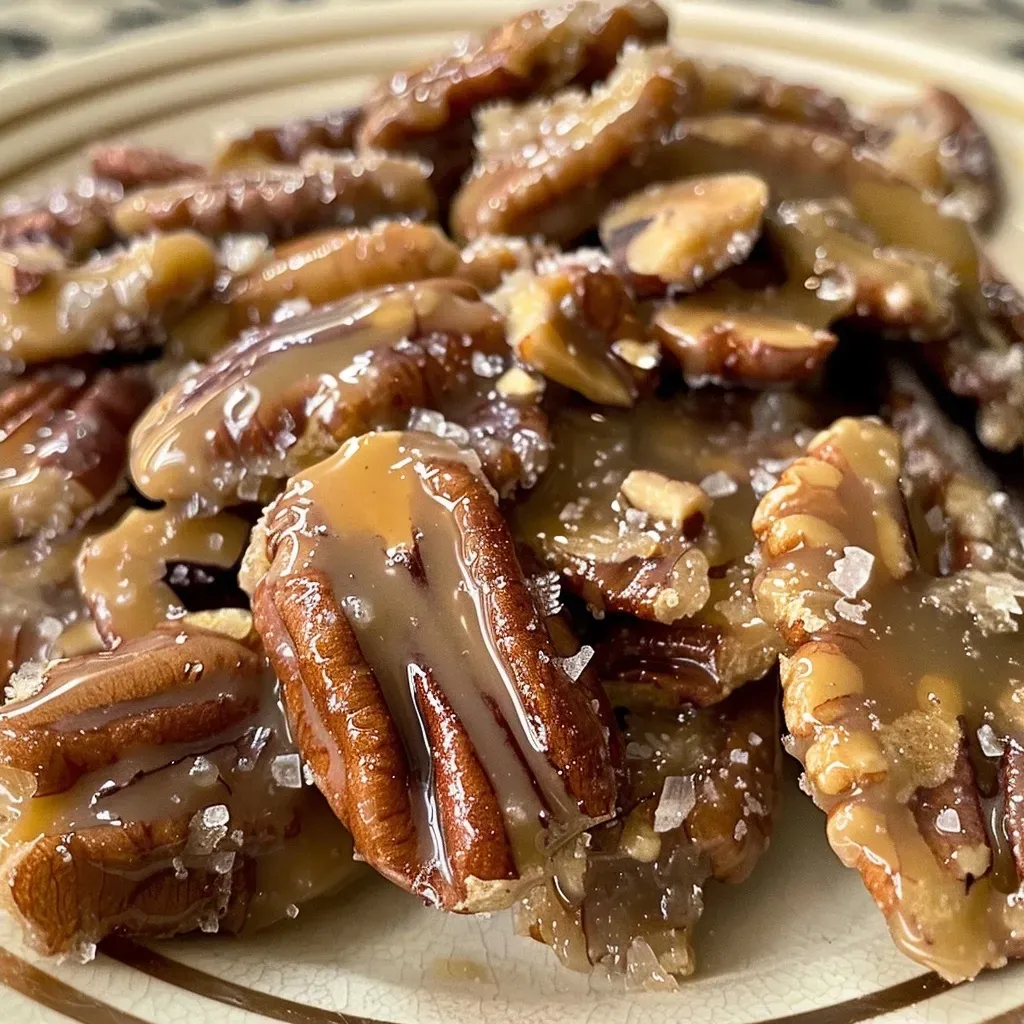 ['A close-up side view of golden-brown Keto Pecan Pralines with shiny caramel coating.', 'Delicious Keto Pecan Pralines arranged neatly, showcasing their texture and color.', 'A mouthwatering display of Keto Pecan Pralines with visible toasted pecans and glossy finish.', 'An inviting side view of Keto Pecan Pralines highlighting their rich caramel and nutty appearance.']