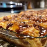 ['Close-up view of Krispy Kreme donut bread pudding with a golden crust.', 'Side angle of a serving of donut bread pudding topped with powdered sugar.', 'Delicious Krispy Kreme donut bread pudding showing layers of donuts and custard.', 'Scrumptious donut bread pudding with a rich, creamy texture and a glaze finish.']