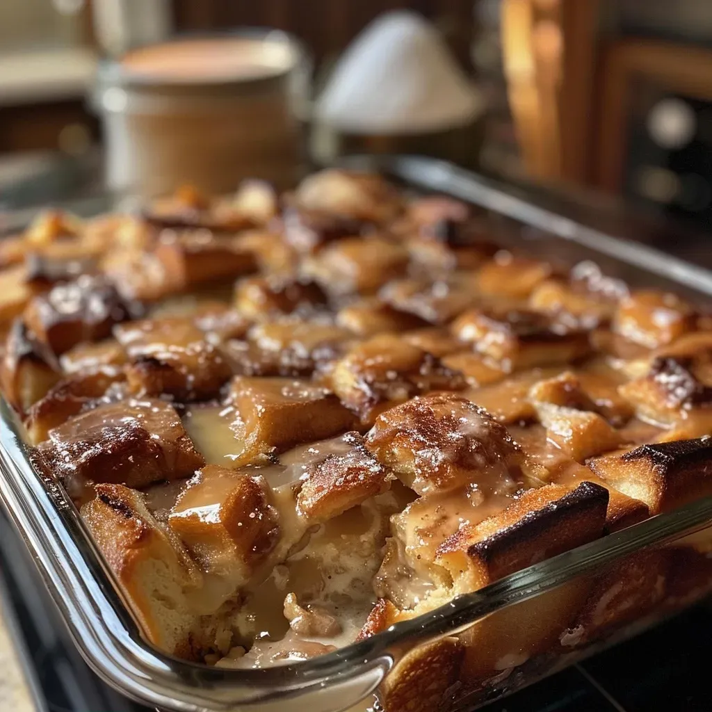 Close-up view of Krispy Kreme donut bread pudding with a golden crust.