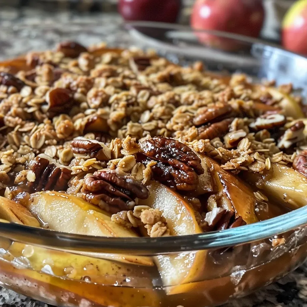 ['A close-up side view of lightened maple-pecan apple crisp in a serving dish.', 'Delicious apple crisp topped with a golden-brown oat and pecan crumble.', 'Juicy slices of apples baked under a crunchy topping in a rustic dish.', 'Tasty apple crisp featuring whole wheat flour and pecans, served warm.']