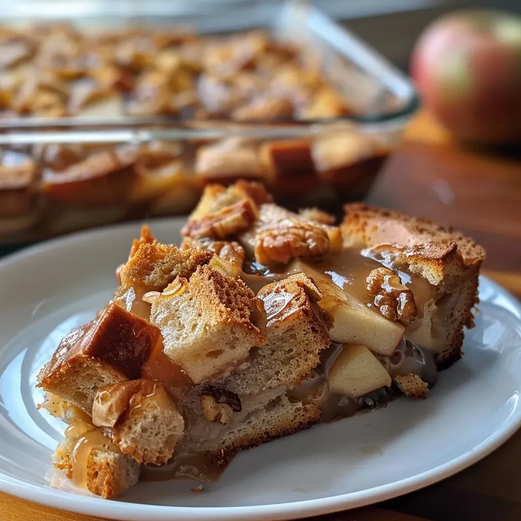 ['Close-up view of Low Calorie Bread Pudding with a golden-brown crust.', 'Side profile of a luscious Low Calorie Bread Pudding topped with pecans and apple chunks.', 'Slice of Low Calorie Bread Pudding showing moist texture and rich color.', 'Juicy Low Calorie Bread Pudding displayed on a plate, garnished with cinnamon.']