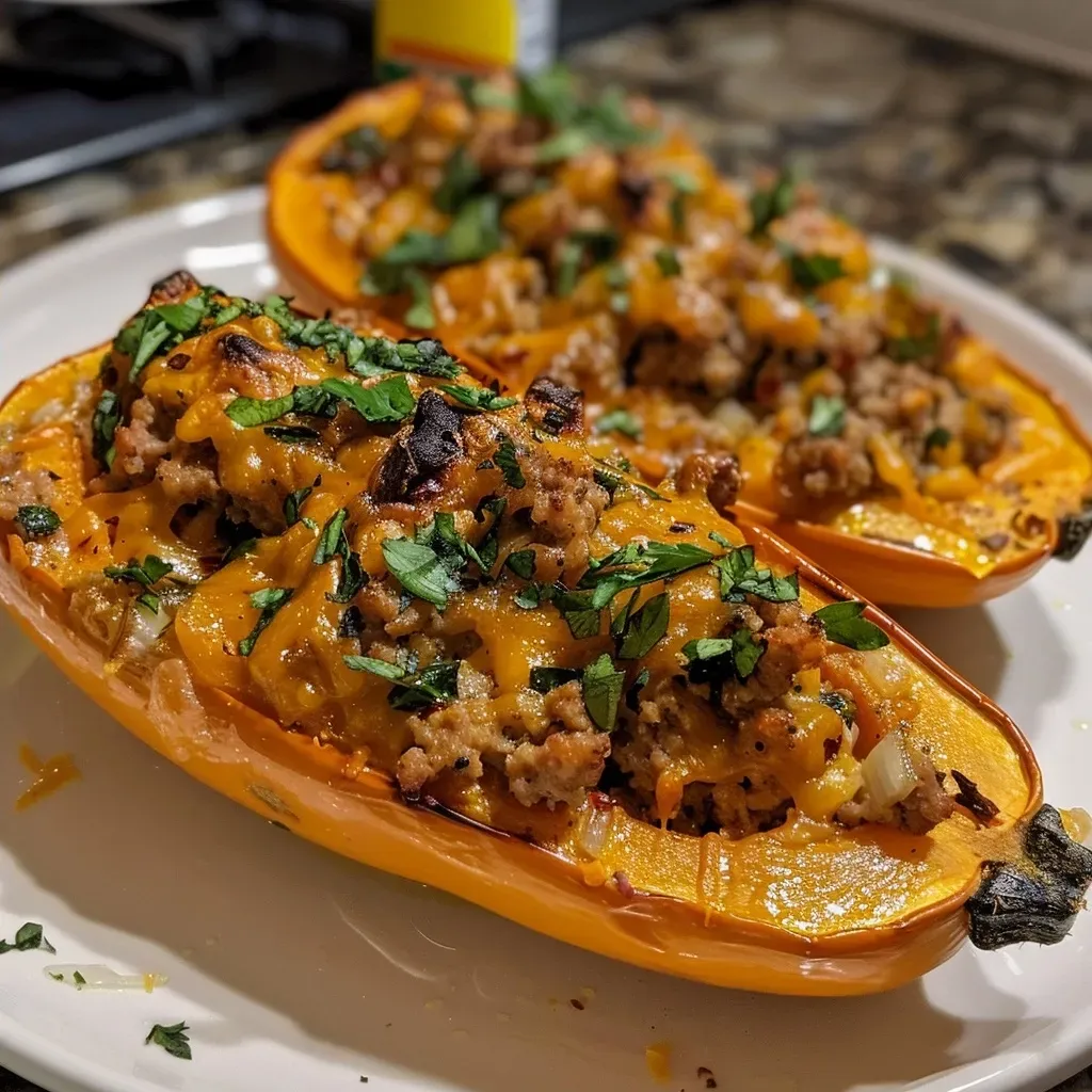 ['A close-up view of a halved butternut squash filled with lean ground turkey mixture.', 'Side view of a baked butternut squash, showcasing its stuffing and vibrant color.', 'Juicy butternut squash halves stuffed with a savory turkey blend, ready to eat.', 'Detailed image of low-calorie protein stuffed butternut squash, highlighting the ingredients.']