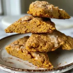 ['Close-up of a golden-brown pumpkin spice scone with a crumbly texture.', 'Side view of a fluffy low carb pumpkin spice scone with pumpkin and spices.', 'High-resolution image of a gluten-free pumpkin spice scone with a rich, warm color.', 'Textured surface of a delicious pumpkin spice scone with a light glaze.']