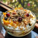 ['A vibrant Mango Yogurt Parfait layered with homemade granola and fresh mango slices.', 'Close-up view of a Mango Yogurt Parfait featuring creamy yogurt, granola, and ripe mango pieces.', 'Side view of a Mango Yogurt Parfait showcasing layers of yogurt, granola, and chunks of mango.', 'A delicious Mango Yogurt Parfait with granola, mango, and a creamy yogurt base.']
