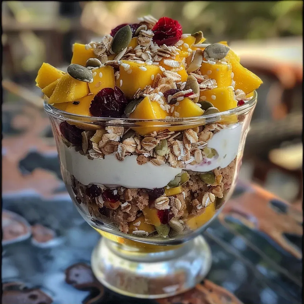 ['A vibrant Mango Yogurt Parfait layered with homemade granola and fresh mango slices.', 'Close-up view of a Mango Yogurt Parfait featuring creamy yogurt, granola, and ripe mango pieces.', 'Side view of a Mango Yogurt Parfait showcasing layers of yogurt, granola, and chunks of mango.', 'A delicious Mango Yogurt Parfait with granola, mango, and a creamy yogurt base.']