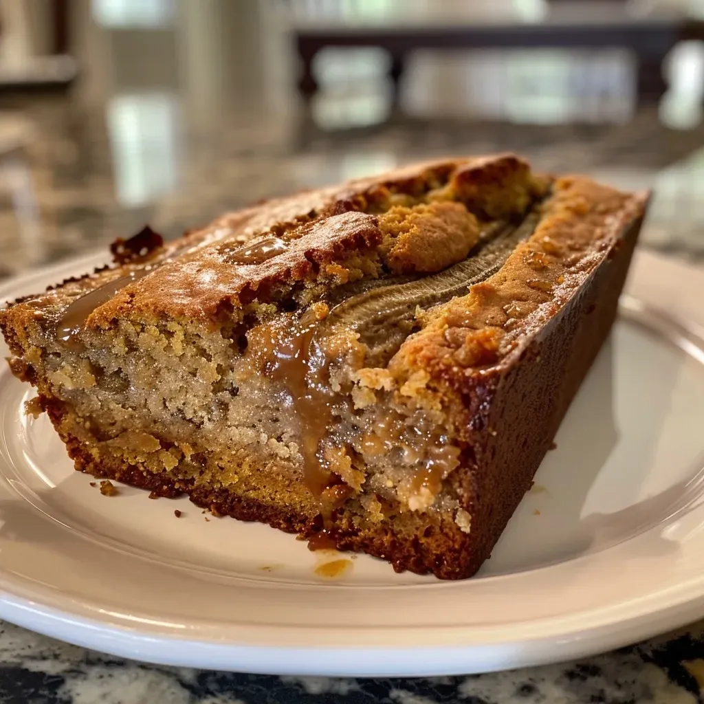 ['Close-up side view of Maple-Bourbon Banana Bread with a golden brown crust.', 'Slice of moist Maple-Bourbon Banana Bread revealing chunks of toffee and banana.', 'Side perspective of a freshly baked Maple-Bourbon Banana Bread on a wooden cutting board.', 'Textured surface of Maple-Bourbon Banana Bread showcasing its rich ingredients.']