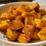 ['Close-up view of maple glazed butternut squash cubes with a shiny glaze.', 'Side view of succulent, glazed squash cubes, showcasing rich colors and texture.', 'Juicy butternut squash pieces coated in a golden maple glaze on a plate.', 'Detailed shot of vibrant maple glazed squash cubes ready to serve.']