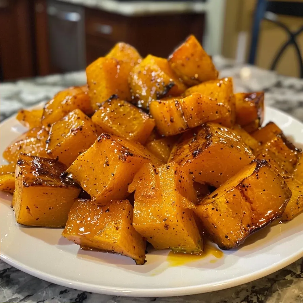 ['Close-up view of maple glazed butternut squash cubes with a shiny glaze.', 'Side view of succulent, glazed squash cubes, showcasing rich colors and texture.', 'Juicy butternut squash pieces coated in a golden maple glaze on a plate.', 'Detailed shot of vibrant maple glazed squash cubes ready to serve.']