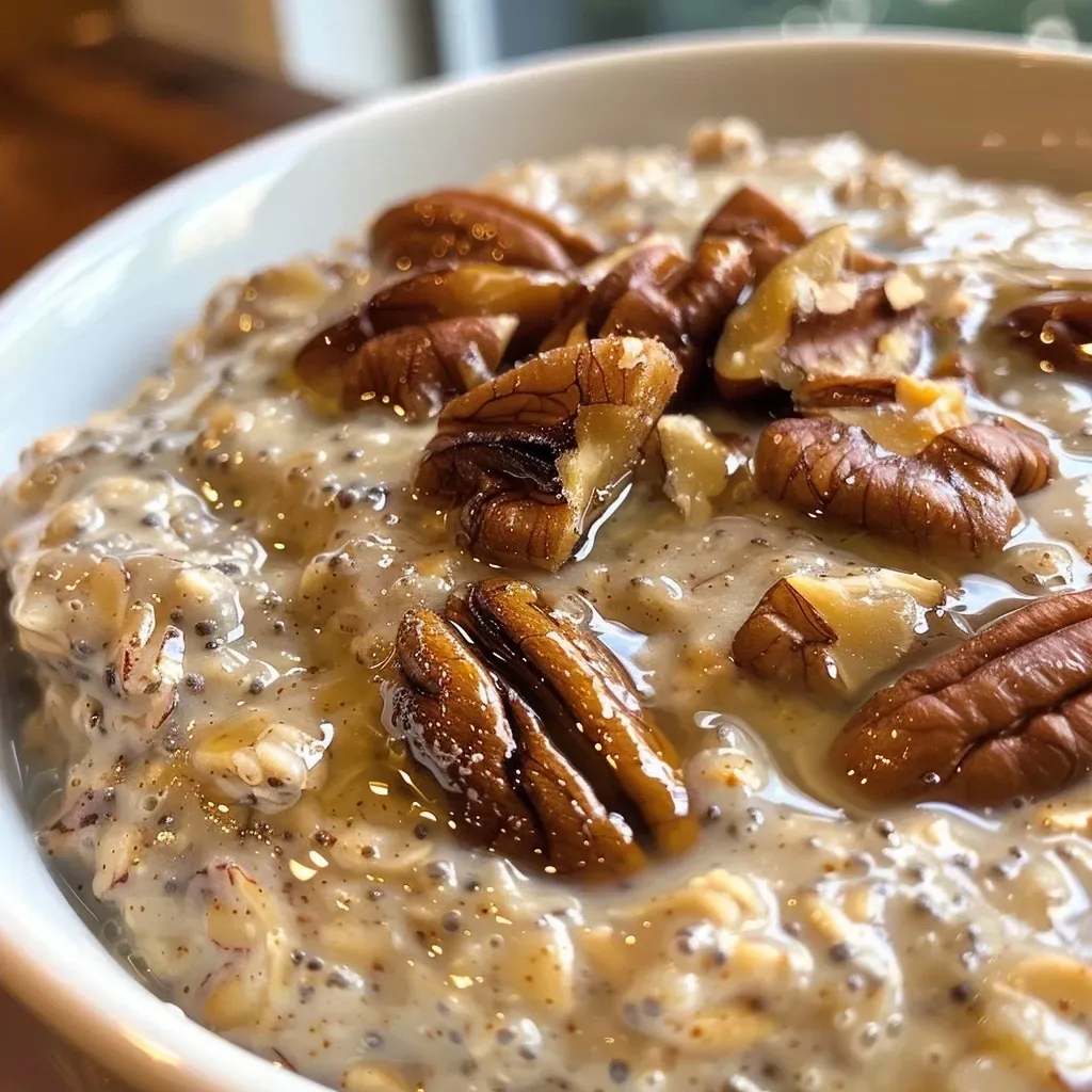 Close-up view of Maple Pecan Overnight Oats in a clear glass jar, showcasing oats, pecans, and syrup.