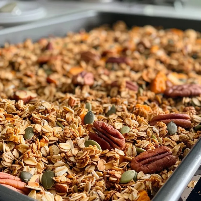 ['Close-up view of Maple Pumpkin Pecan Granola featuring oats, pecans, and pumpkin seeds.', 'Side perspective of a bowl filled with golden-brown Maple Pumpkin Pecan Granola with visible ingredients.', 'Detailed shot of gluten-free granola made with pumpkin puree and maple syrup, highlighting texture.', 'Rustic presentation of crunchy Maple Pumpkin Pecan Granola, showcasing the mix of oats and nuts.']