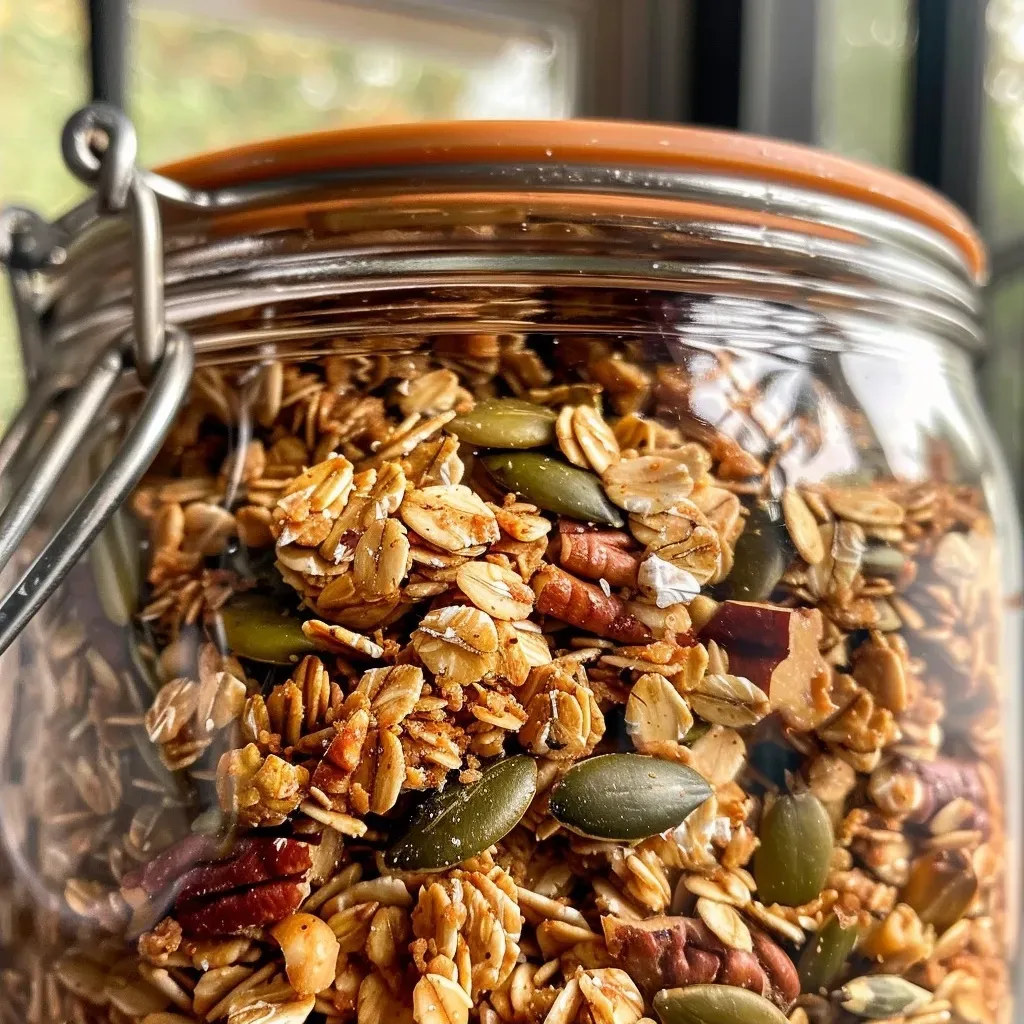 ['Close-up view of Maple Pumpkin Pecan Granola featuring oats, pecans, and pumpkin seeds.', 'Side perspective of a bowl filled with golden-brown Maple Pumpkin Pecan Granola with visible ingredients.', 'Detailed shot of gluten-free granola made with pumpkin puree and maple syrup, highlighting texture.', 'Rustic presentation of crunchy Maple Pumpkin Pecan Granola, showcasing the mix of oats and nuts.']