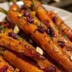 ['Close-up side view of maple roasted carrots garnished with cranberries and herbs.', 'Juicy roasted carrots drizzled with maple syrup and topped with fresh cranberries.', 'A vibrant dish of caramelized carrots with bright red cranberries on a plate.', 'Tantalizing roasted carrots mixed with cranberries, thyme, and almonds.']
