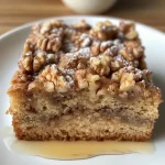 ['Close-up view of a moist Maple Walnut Coffee Cake with a golden brown crust.', 'Side view of Maple Walnut Coffee Cake showcasing layers and walnut topping.', 'Deliciously baked Maple Walnut Coffee Cake displayed with a drizzle of maple syrup.', 'Textured slice of Maple Walnut Coffee Cake highlighting moist interior and nutty crust.']