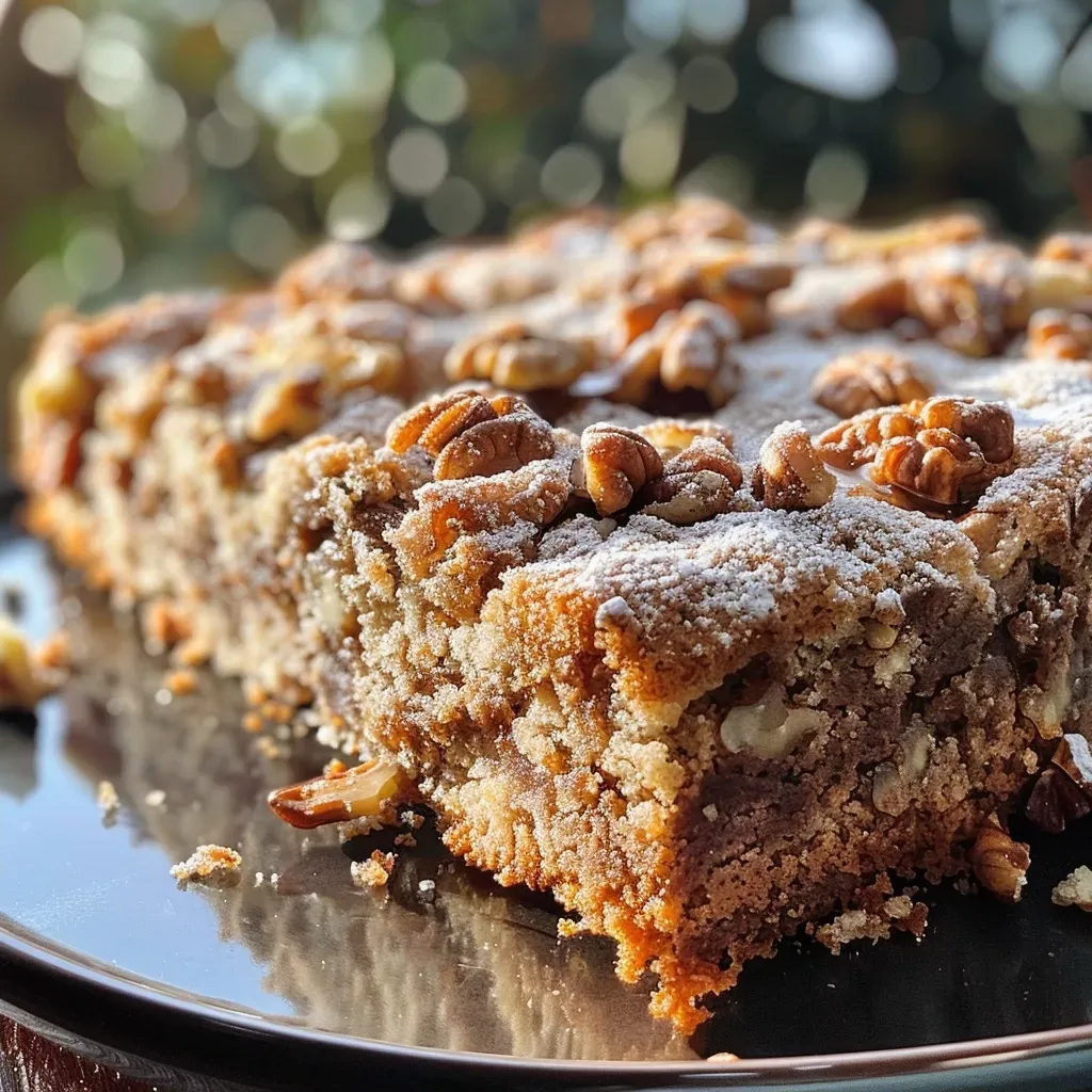 Close-up view of a moist Maple Walnut Coffee Cake with a golden brown crust.